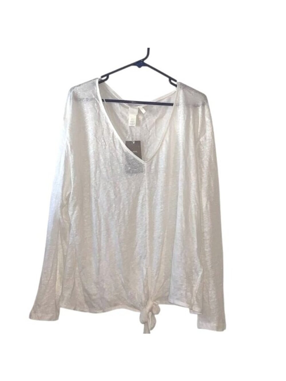 H&M Womens Linen Tie-Front Long Sleeve Top XL White